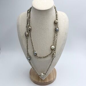 Lia Sophia Long Pearl Station Necklace – Silver Tone Chain Mixed Faux Pearls